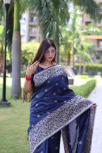 Jyoti Fashion Women's Navy Blue Handloom Raw Silk Weaving Pallu Traditional Saree with Blouse | Grocsy