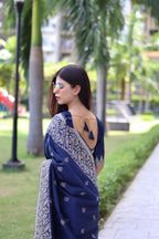 Jyoti Fashion Women's Navy Blue Handloom Raw Silk Weaving Pallu Traditional Saree with Blouse | Grocsy