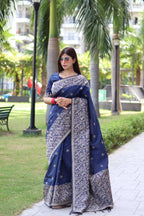 Jyoti Fashion Women's Navy Blue Handloom Raw Silk Weaving Pallu Traditional Saree with Blouse | Grocsy