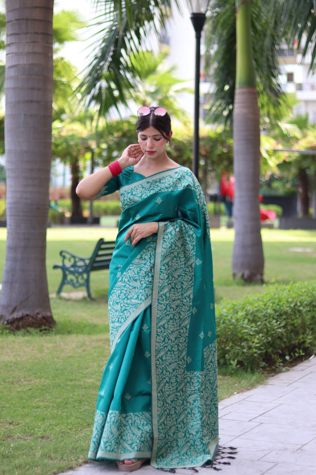 Jyoti Fashion Women's Rama Handloom Raw Silk Weaving Pallu Traditional Saree with Blouse | Grocsy