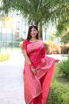 Jyoti Fashion Women's Rani Pink Handloom Raw Silk Weaving Pallu Traditional Saree with Blouse | Grocsy