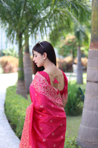 Jyoti Fashion Women's Rani Pink Handloom Raw Silk Weaving Pallu Traditional Saree with Blouse | Grocsy