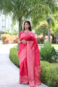 Jyoti Fashion Women's Rani Pink Handloom Raw Silk Weaving Pallu Traditional Saree with Blouse | Grocsy