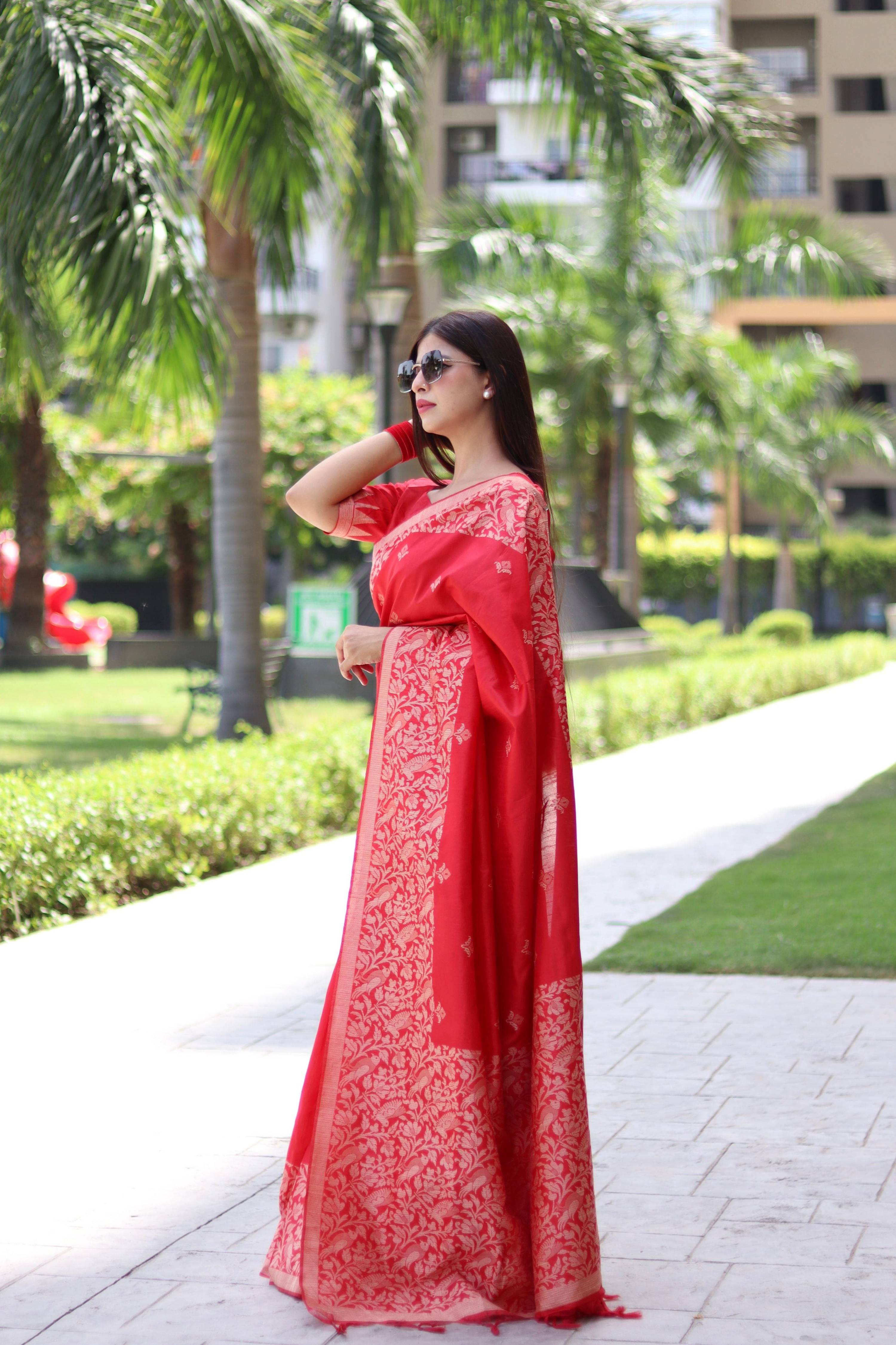 Jyoti Fashion Women's Red Handloom Raw Silk Weaving Pallu Traditional Saree with Blouse | Grocsy