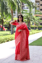 Jyoti Fashion Women's Red Handloom Raw Silk Weaving Pallu Traditional Saree with Blouse | Grocsy