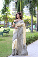 Jyoti Fashion Women's Cream Handloom Raw Silk Weaving Pallu Traditional Saree with Blouse | Grocsy