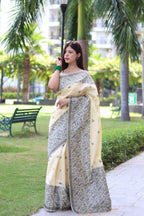 Jyoti Fashion Women's Cream Handloom Raw Silk Weaving Pallu Traditional Saree with Blouse | Grocsy