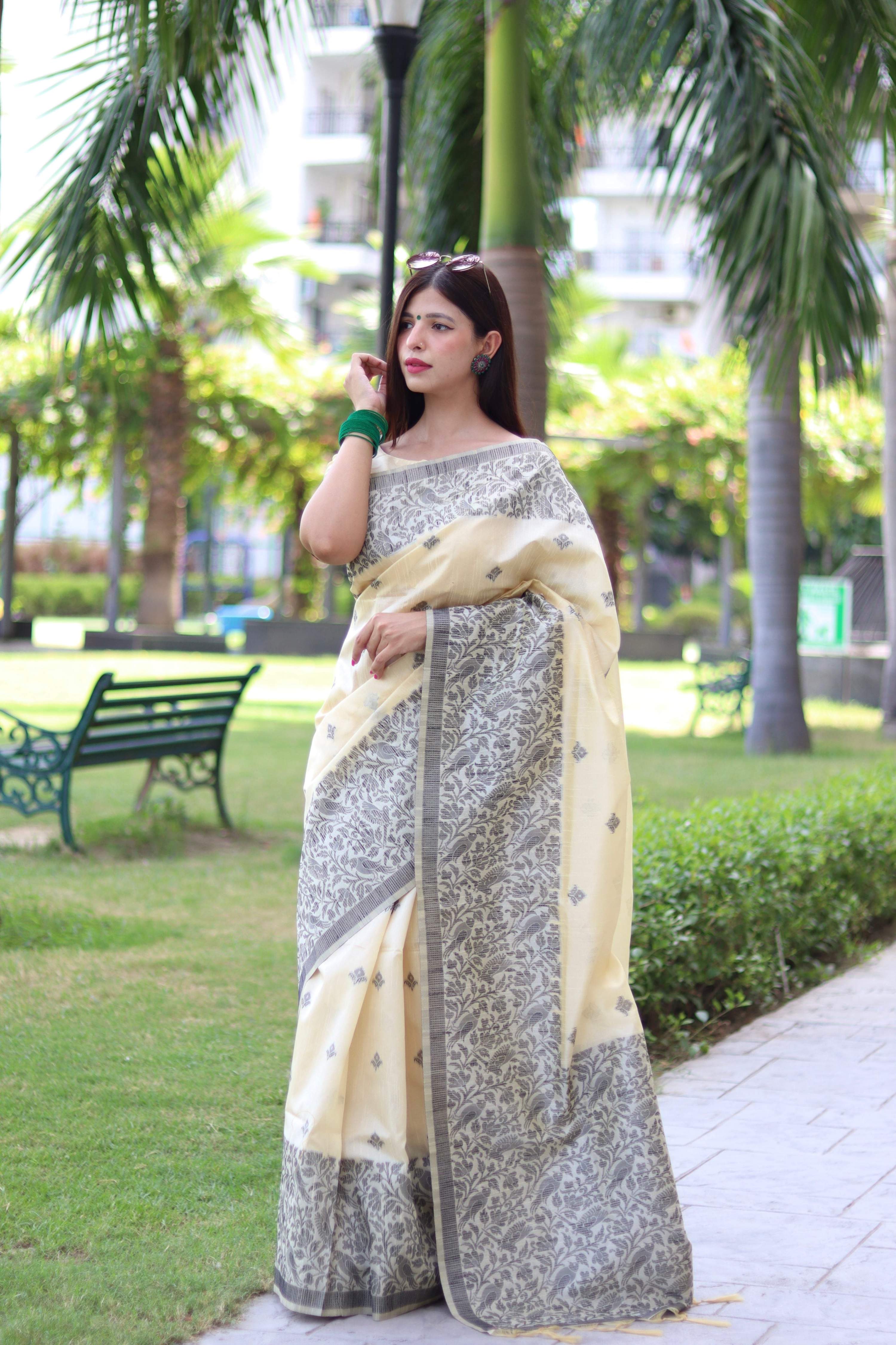 Jyoti Fashion Women's Cream Handloom Raw Silk Weaving Pallu Traditional Saree with Blouse | Grocsy