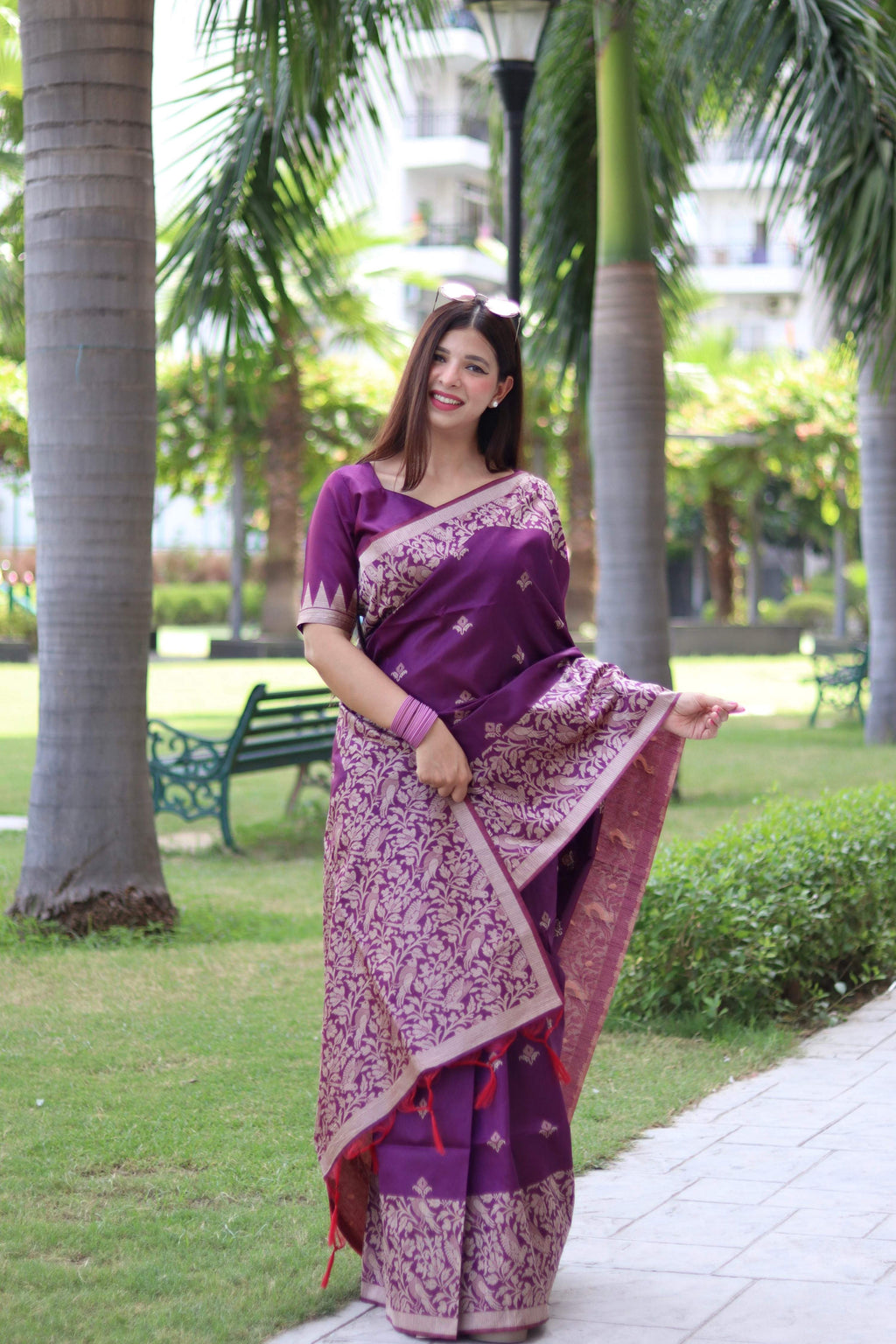 Jyoti Fashion Women's Purple Handloom Raw Silk Weaving Pallu Traditional Saree with Blouse | Grocsy