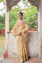 Jyoti Fashion Women's Beige Handloom Raw Silk Weaving Pallu Traditional Saree with Blouse | Grocsy
