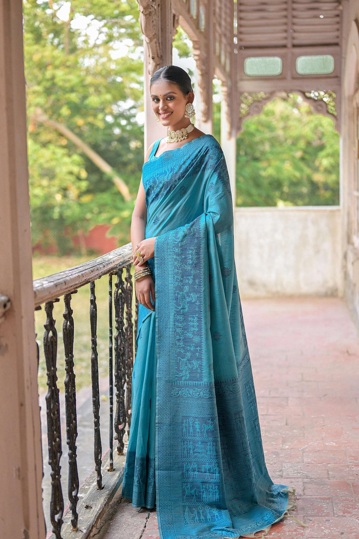 Jyoti Fashion Women's Sky Blue Handloom Raw Silk Weaving Pallu Traditional Saree with Blouse | Grocsy