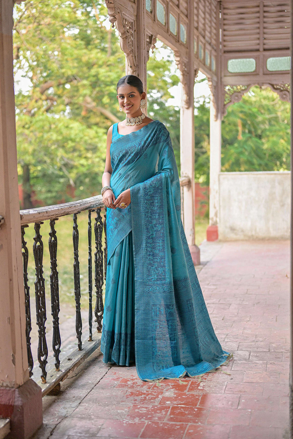 Jyoti Fashion Women's Sky Blue Handloom Raw Silk Weaving Pallu Traditional Saree with Blouse | Grocsy