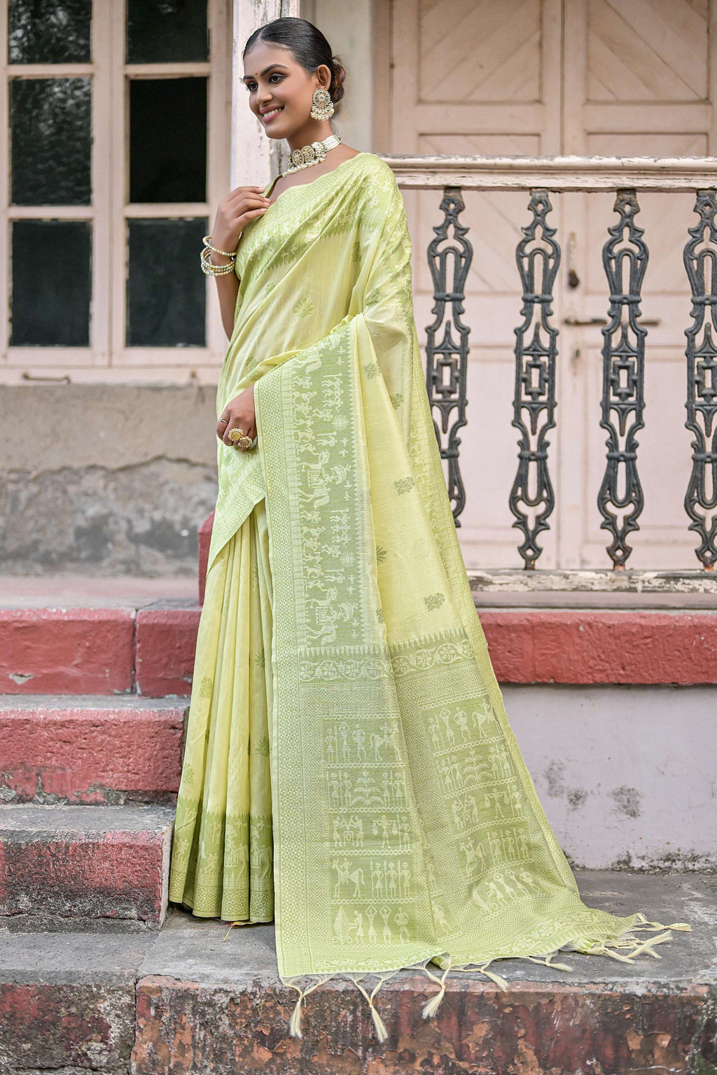 Jyoti Fashion Women's Light Green Handloom Raw Silk Weaving Pallu Traditional Saree with Blouse | Grocsy