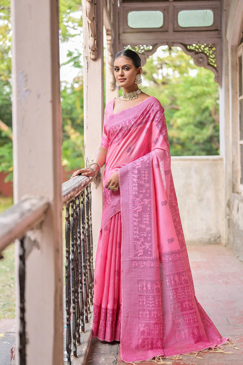 Jyoti Fashion Women's Pink Handloom Raw Silk Weaving Pallu Traditional Saree with Blouse | Grocsy
