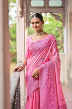 Jyoti Fashion Women's Pink Handloom Raw Silk Weaving Pallu Traditional Saree with Blouse | Grocsy