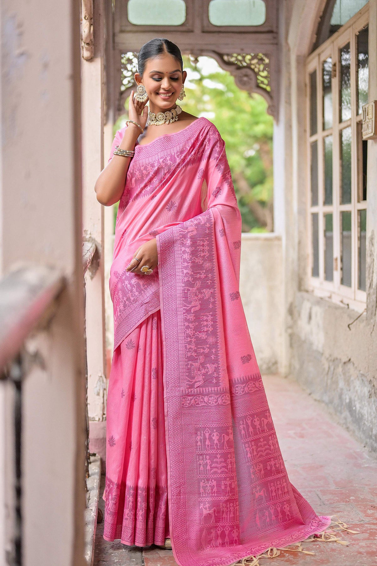 Jyoti Fashion Women's Pink Handloom Raw Silk Weaving Pallu Traditional Saree with Blouse | Grocsy