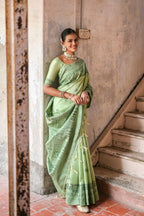 Jyoti Fashion Women's Pista Green Handloom Raw Silk Weaving Pallu Traditional Saree with Blouse | Grocsy