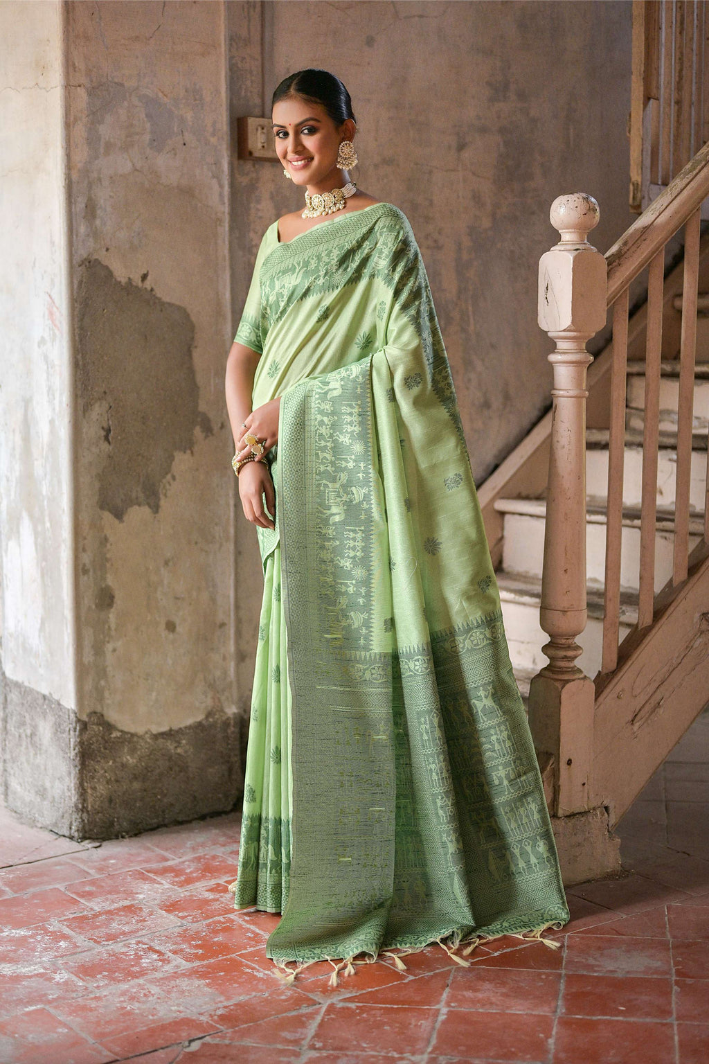 Jyoti Fashion Women's Pista Green Handloom Raw Silk Weaving Pallu Traditional Saree with Blouse | Grocsy