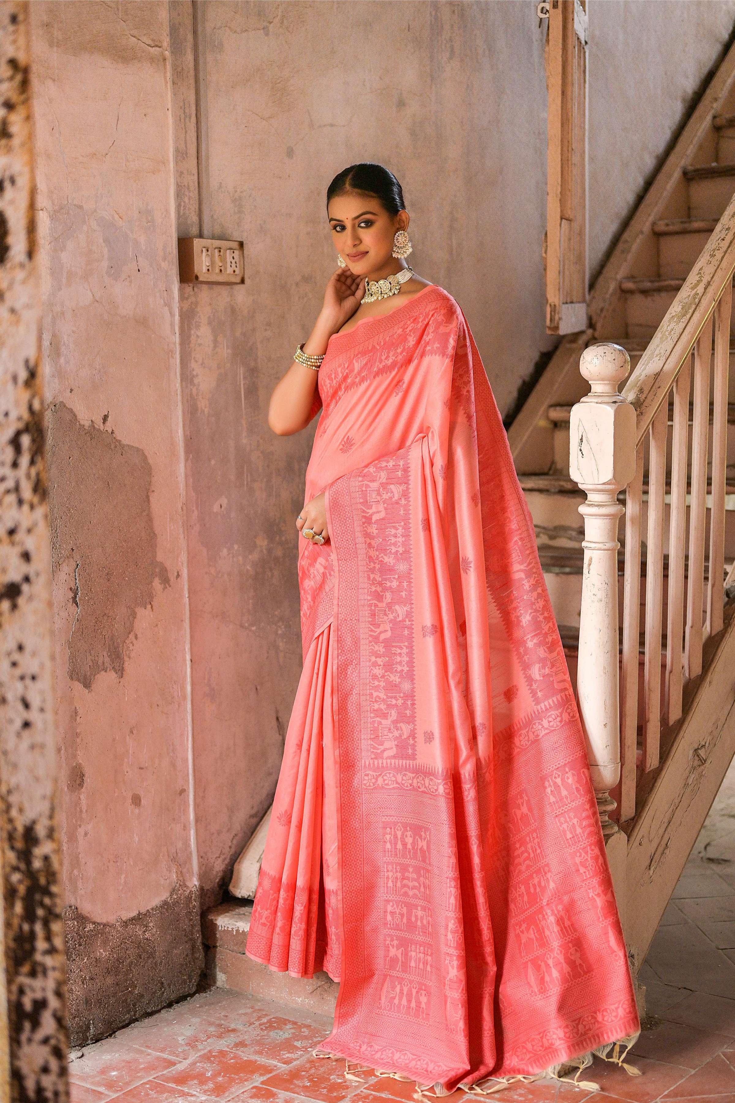 Jyoti Fashion Women's Coral Handloom Raw Silk Weaving Pallu Traditional Saree with Blouse | Grocsy