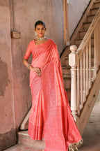 Jyoti Fashion Women's Coral Handloom Raw Silk Weaving Pallu Traditional Saree with Blouse | Grocsy
