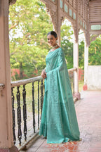 Jyoti Fashion Women's Sea Green Handloom Raw Silk Weaving Pallu Traditional Saree with Blouse | Grocsy
