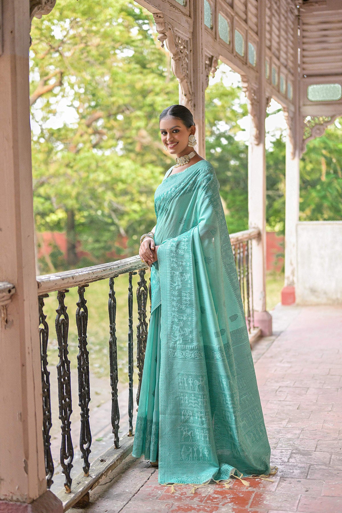 Jyoti Fashion Women's Sea Green Handloom Raw Silk Weaving Pallu Traditional Saree with Blouse | Grocsy