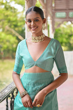 Jyoti Fashion Women's Sea Green Handloom Raw Silk Weaving Pallu Traditional Saree with Blouse | Grocsy