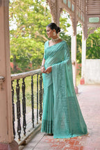 Jyoti Fashion Women's Sea Green Handloom Raw Silk Weaving Pallu Traditional Saree with Blouse | Grocsy