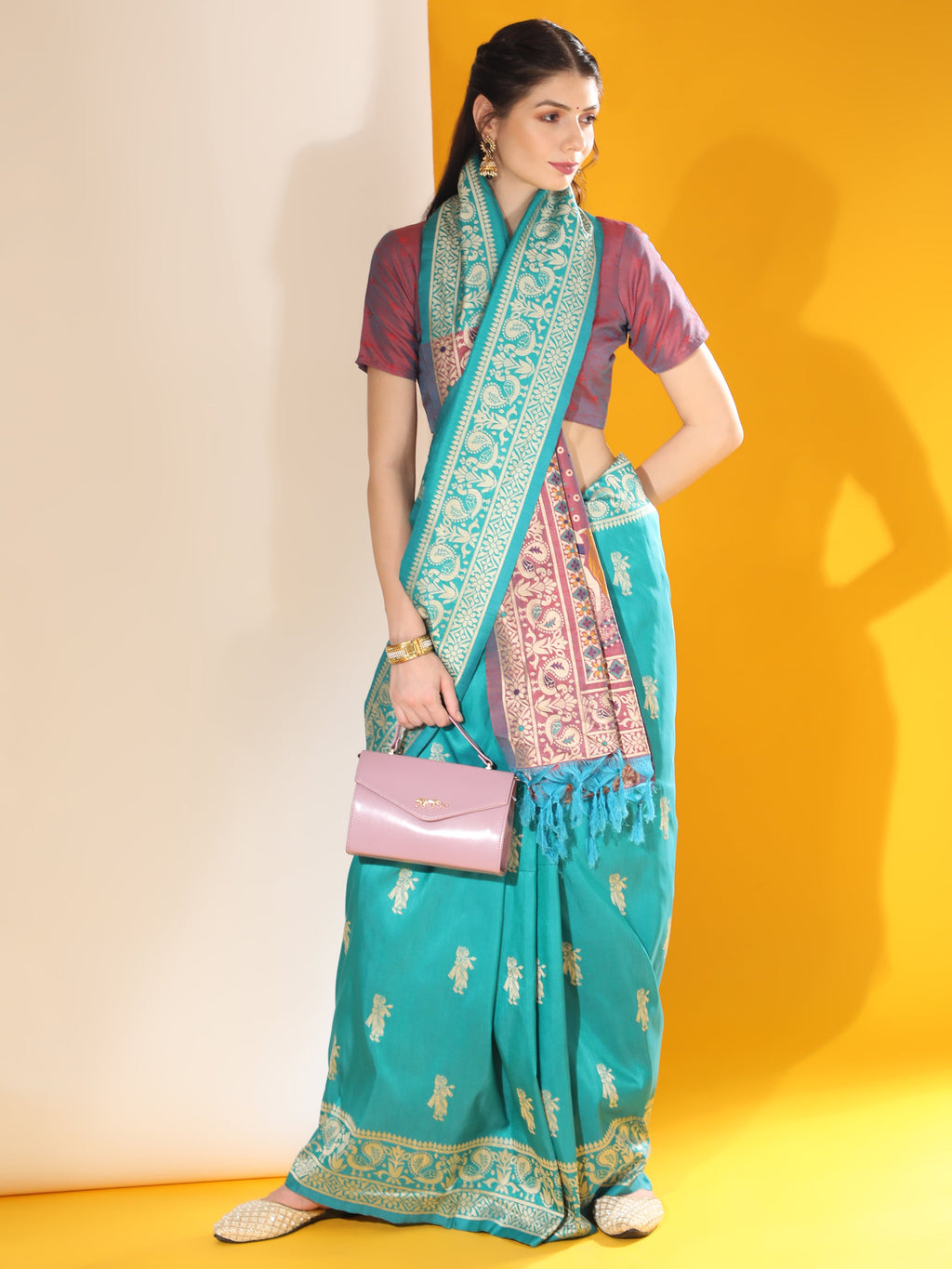 Jyoti Fashion Women's Firozi Soft Raw Silk Tow Tone Weaving Traditional Saree with Blouse | Grocsy