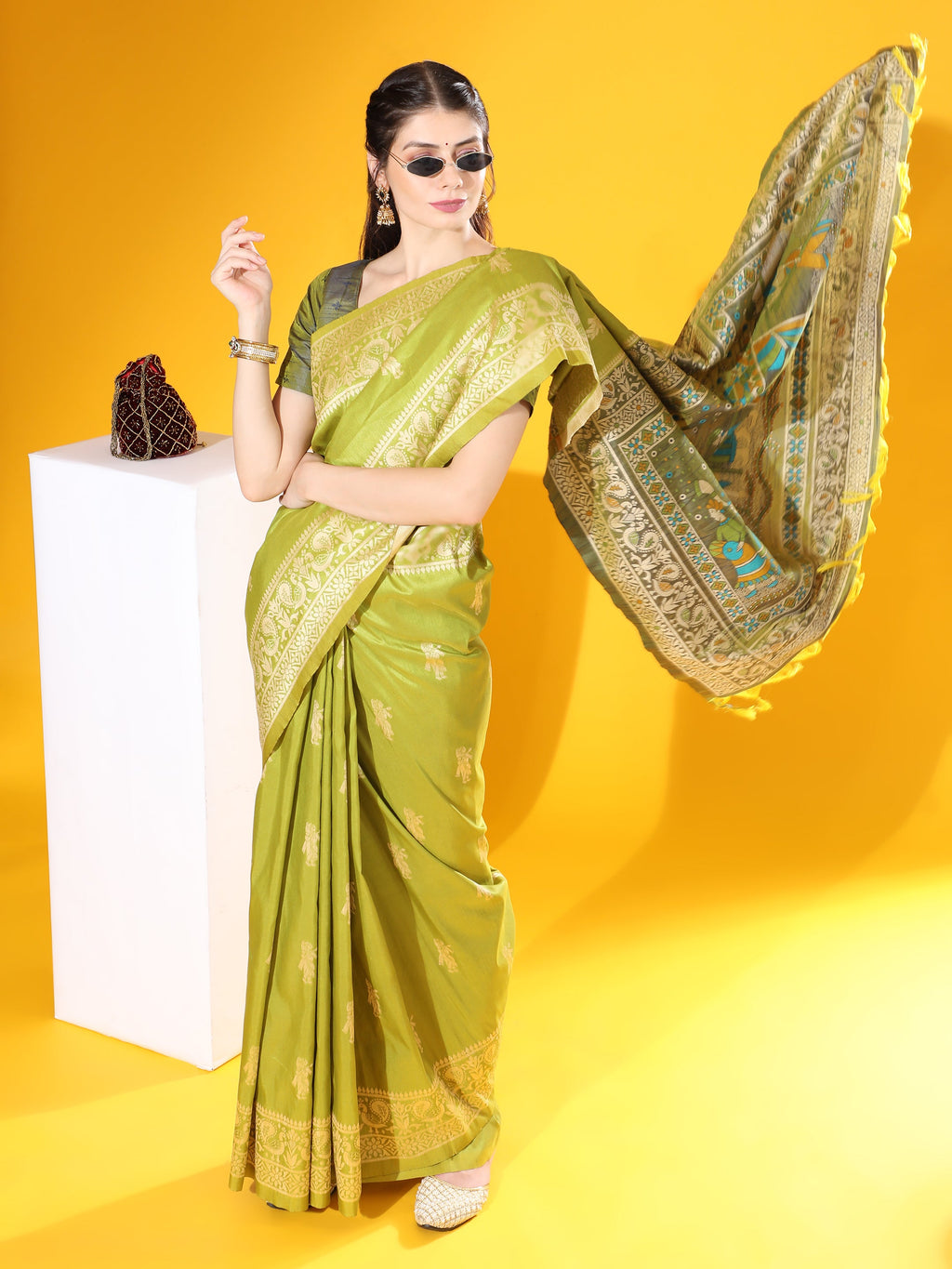 Jyoti Fashion Women's Mehendi Soft Raw Silk Tow Tone Weaving Traditional Saree with Blouse | Grocsy
