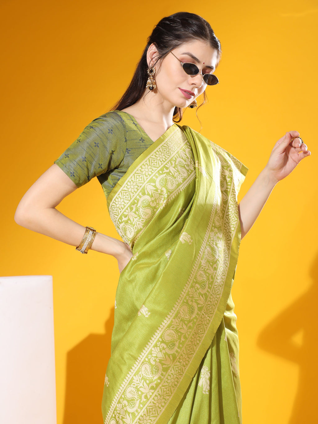 Jyoti Fashion Women's Mehendi Soft Raw Silk Tow Tone Weaving Traditional Saree with Blouse | Grocsy