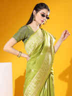 Jyoti Fashion Women's Mehendi Soft Raw Silk Tow Tone Weaving Traditional Saree with Blouse | Grocsy