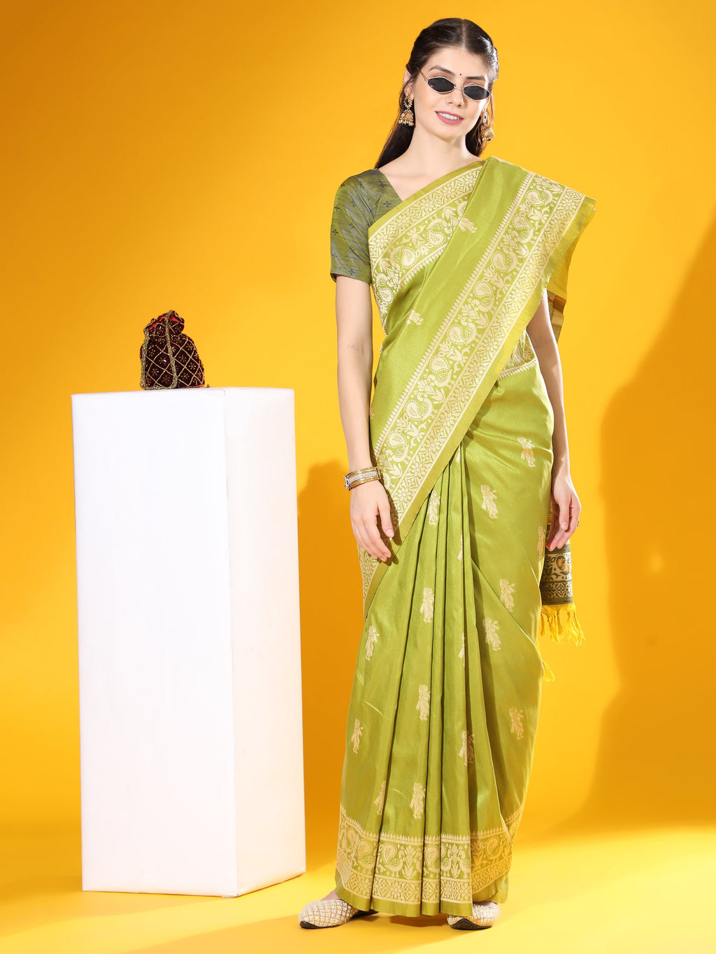 Jyoti Fashion Women's Mehendi Soft Raw Silk Tow Tone Weaving Traditional Saree with Blouse | Grocsy