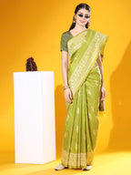 Jyoti Fashion Women's Mehendi Soft Raw Silk Tow Tone Weaving Traditional Saree with Blouse | Grocsy
