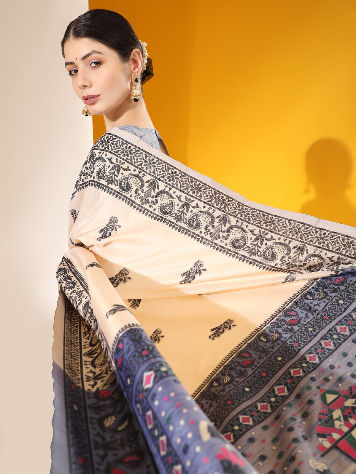 Jyoti Fashion Women's Off White Soft Raw Silk Tow Tone Weaving Traditional Saree with Blouse | Grocsy