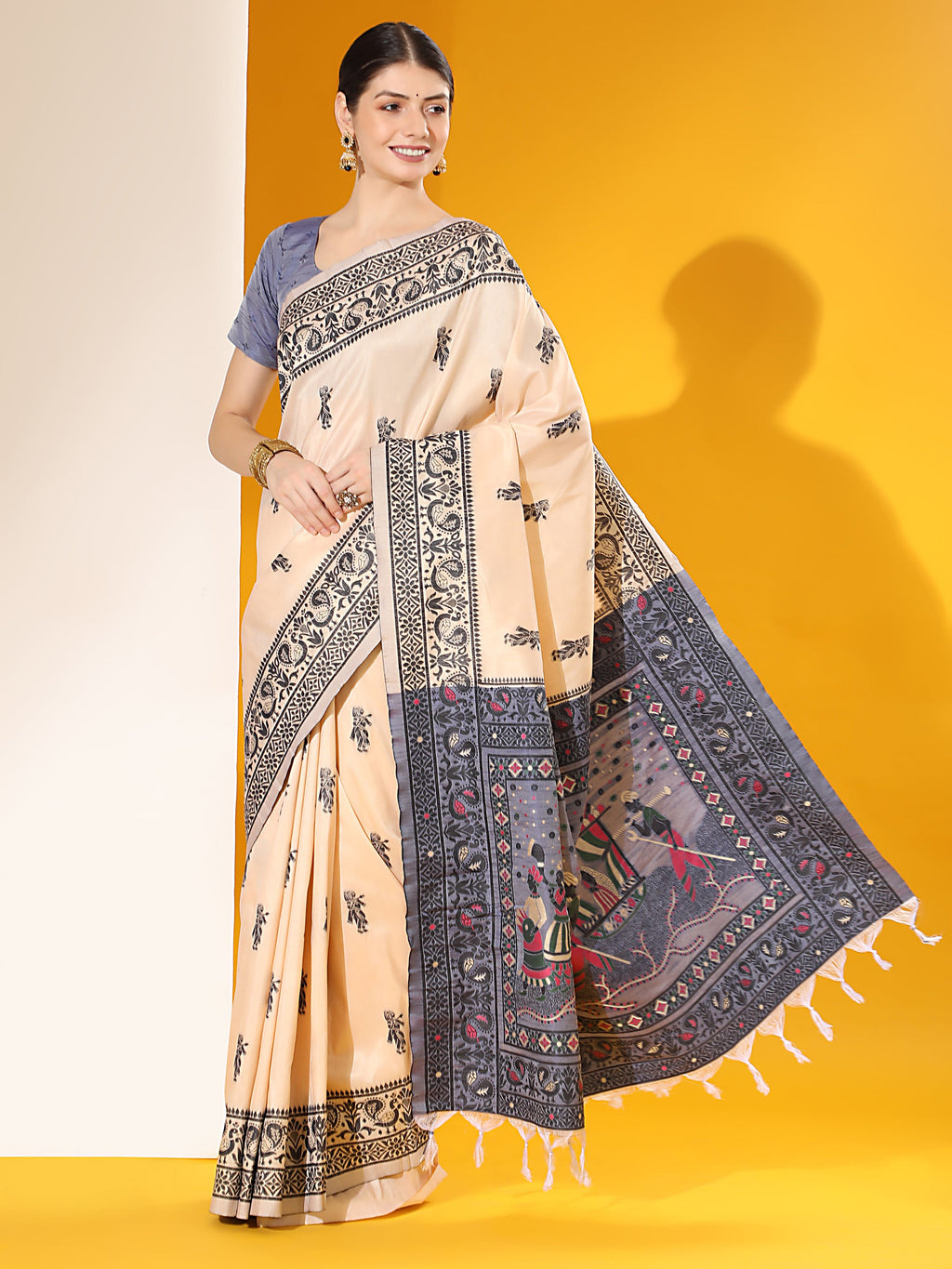 Jyoti Fashion Women's Off White Soft Raw Silk Tow Tone Weaving Traditional Saree with Blouse | Grocsy