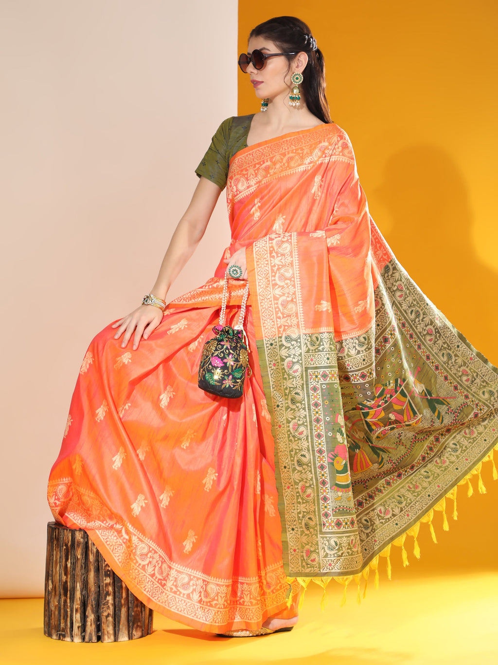 Jyoti Fashion Women's Orange Soft Raw Silk Tow Tone Weaving Traditional Saree with Blouse | Grocsy