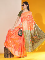 Jyoti Fashion Women's Orange Soft Raw Silk Tow Tone Weaving Traditional Saree with Blouse | Grocsy