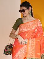 Jyoti Fashion Women's Orange Soft Raw Silk Tow Tone Weaving Traditional Saree with Blouse | Grocsy