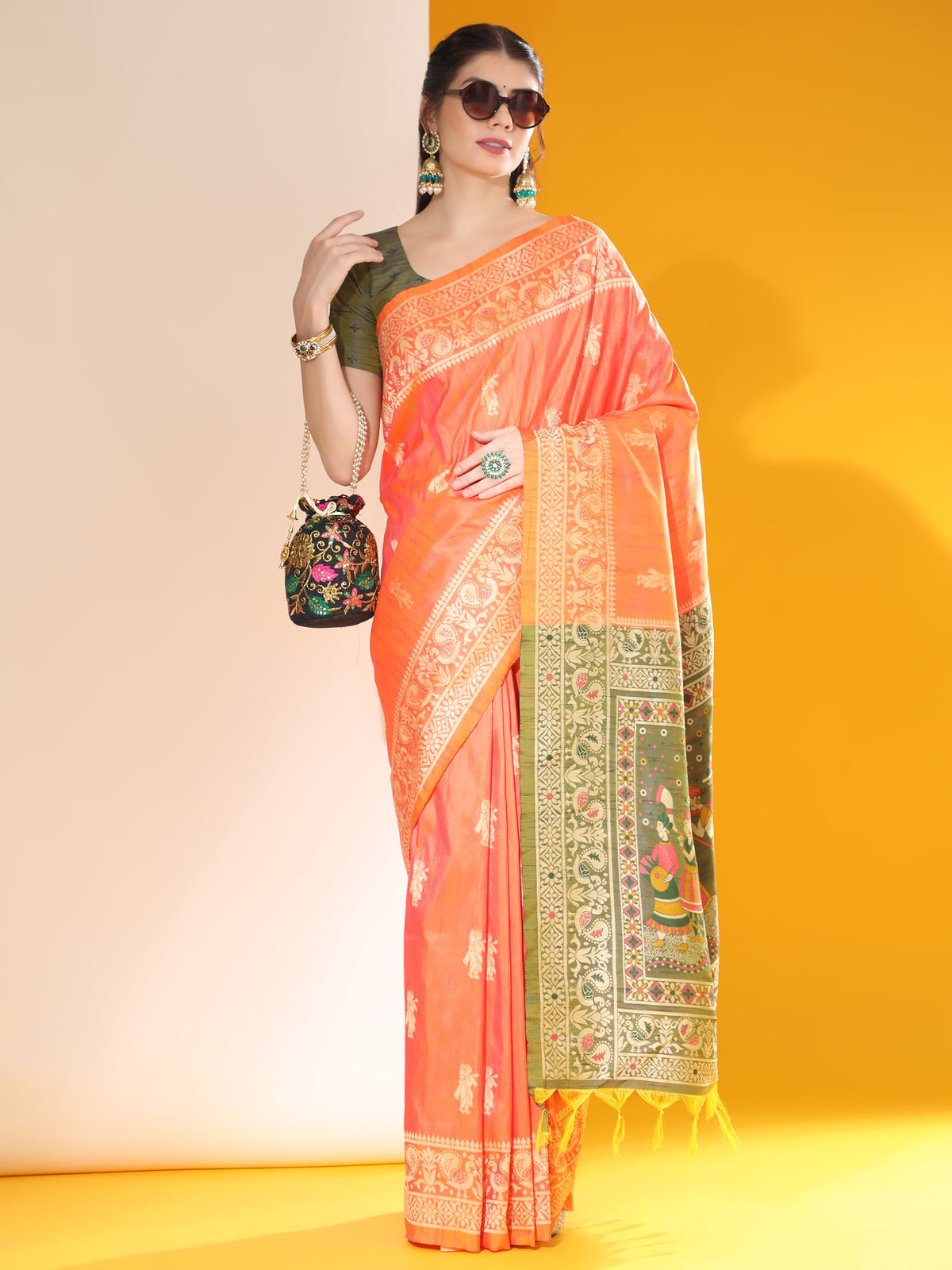 Jyoti Fashion Women's Orange Soft Raw Silk Tow Tone Weaving Traditional Saree with Blouse | Grocsy
