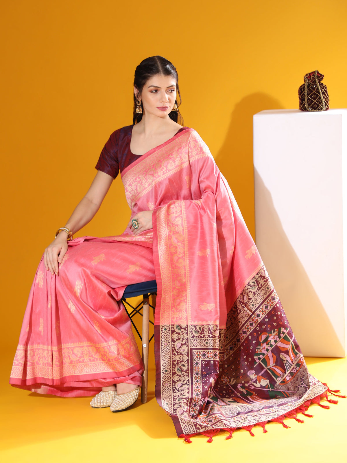 Jyoti Fashion Women's Pink Soft Raw Silk Tow Tone Weaving Traditional Saree with Blouse | Grocsy