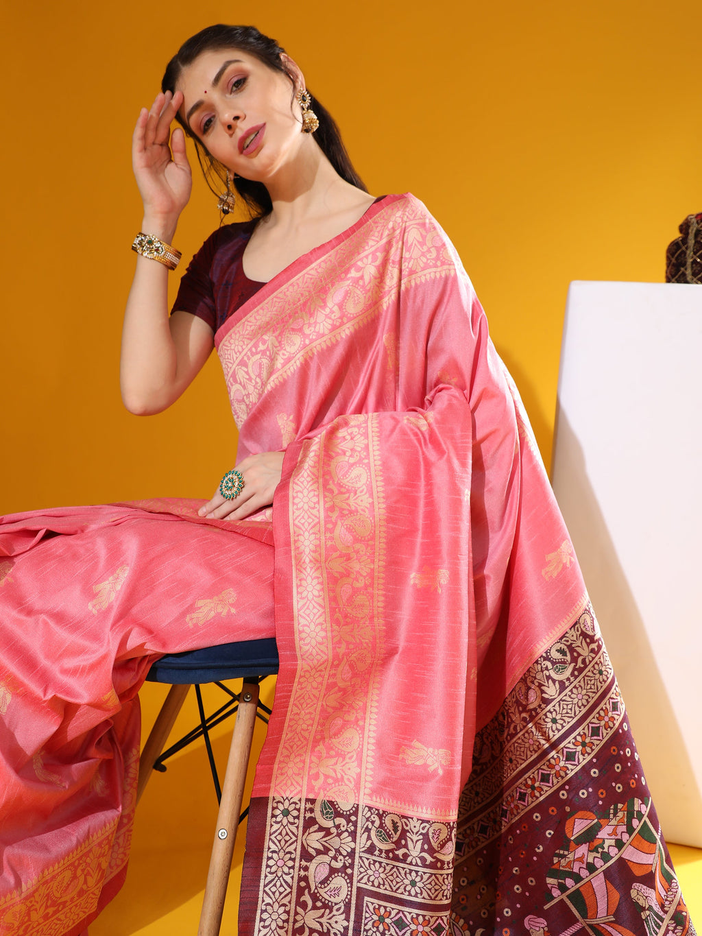 Jyoti Fashion Women's Pink Soft Raw Silk Tow Tone Weaving Traditional Saree with Blouse | Grocsy