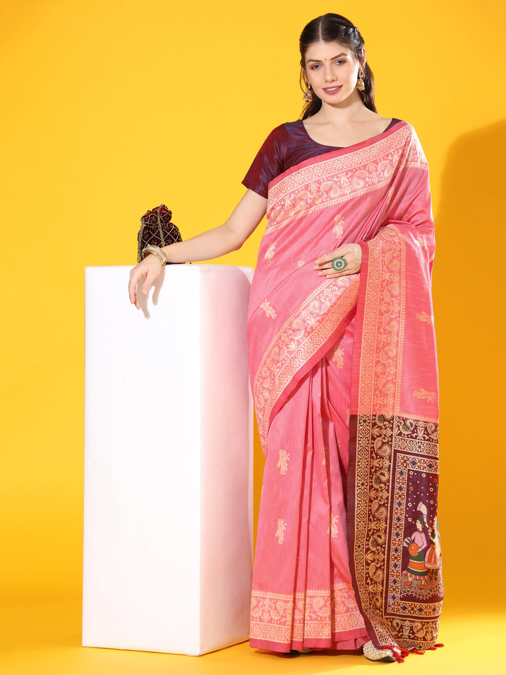 Jyoti Fashion Women's Pink Soft Raw Silk Tow Tone Weaving Traditional Saree with Blouse | Grocsy