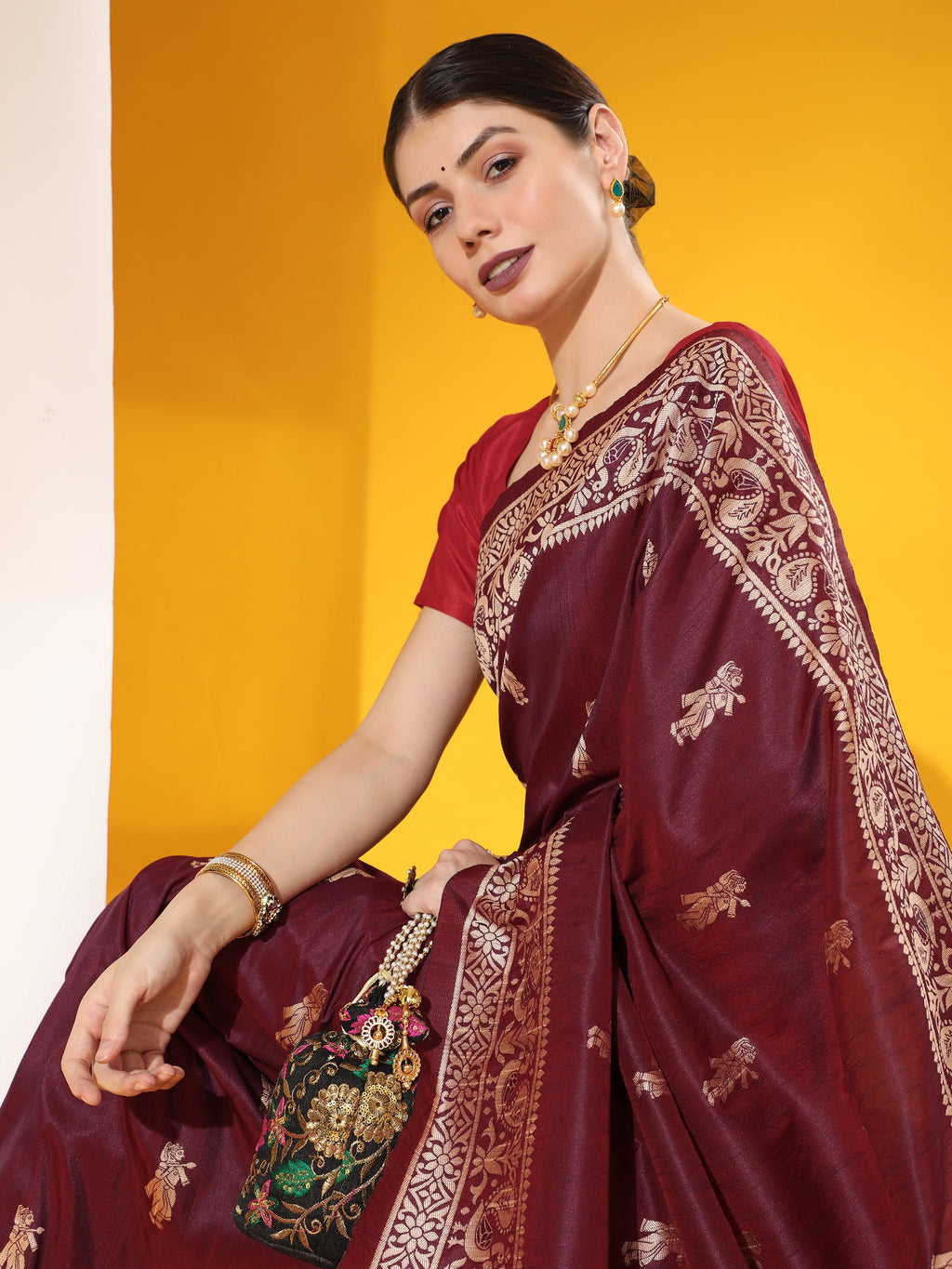 Jyoti Fashion Women's Wine Soft Raw Silk Tow Tone Weaving Traditional Saree with Blouse | Grocsy