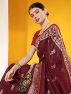 Jyoti Fashion Women's Wine Soft Raw Silk Tow Tone Weaving Traditional Saree with Blouse | Grocsy