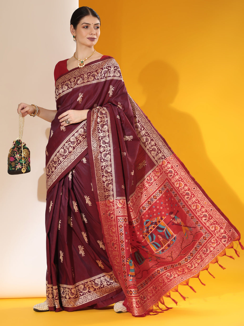 Jyoti Fashion Women's Wine Soft Raw Silk Tow Tone Weaving Traditional Saree with Blouse | Grocsy
