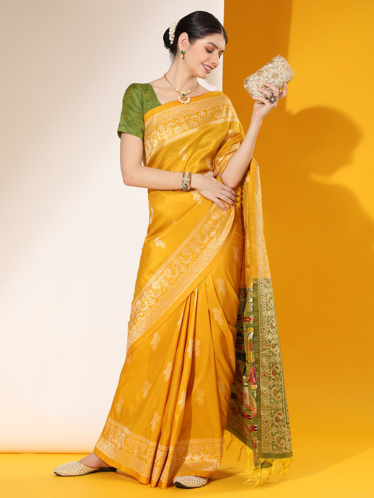 Jyoti Fashion Women's Yellow Soft Raw Silk Tow Tone Weaving Traditional Saree with Blouse | Grocsy