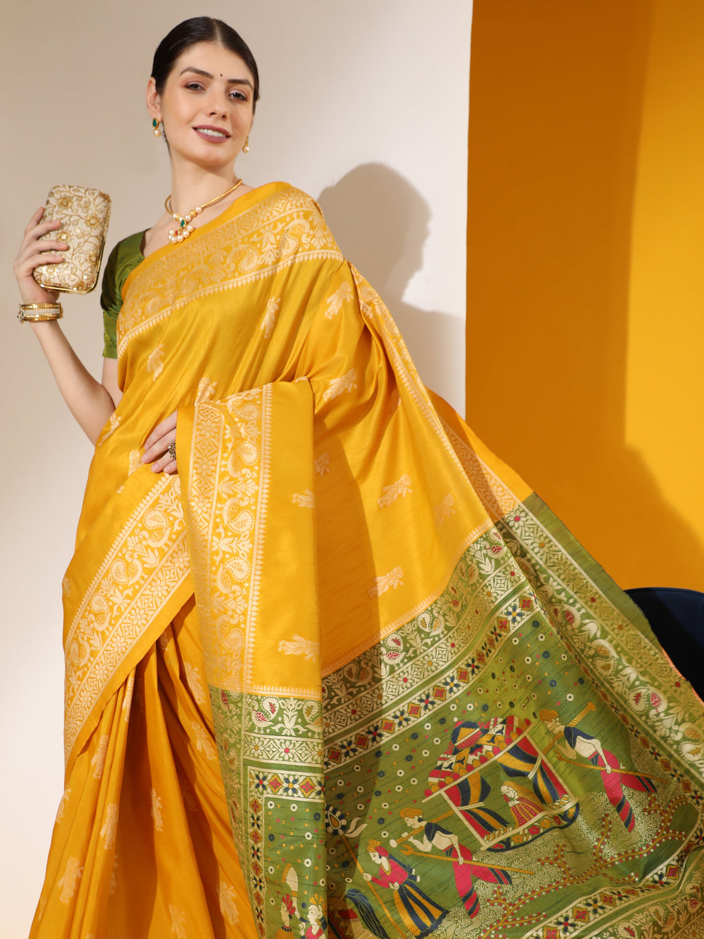 Jyoti Fashion Women's Yellow Soft Raw Silk Tow Tone Weaving Traditional Saree with Blouse | Grocsy