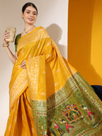 Jyoti Fashion Women's Yellow Soft Raw Silk Tow Tone Weaving Traditional Saree with Blouse | Grocsy
