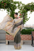 Jyoti Fashion Women's Verdun Green Soft Tussar Silk Traditional Print & Zari Border Saree with Blouse | Grocsy